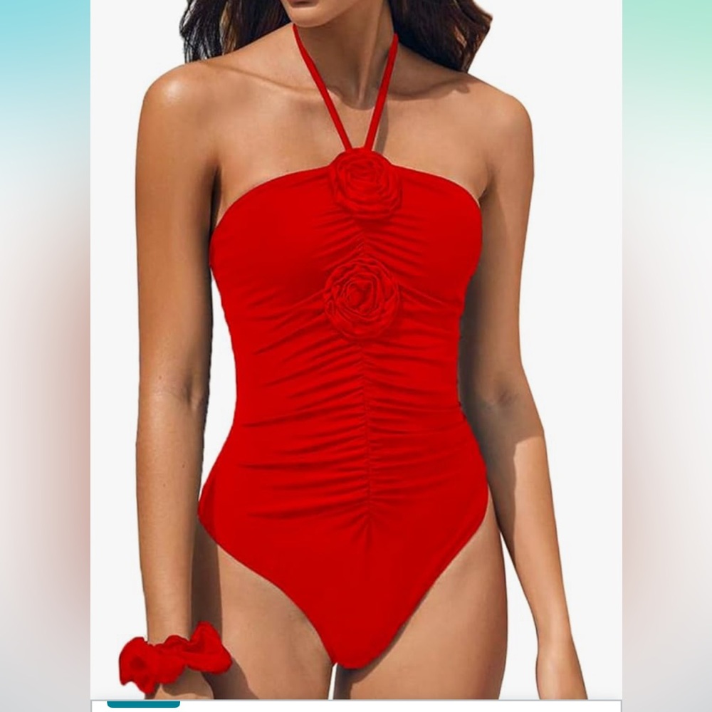 🚘Woman’s ruched one piece swimsuit 3D flower halter monokini bathings suit